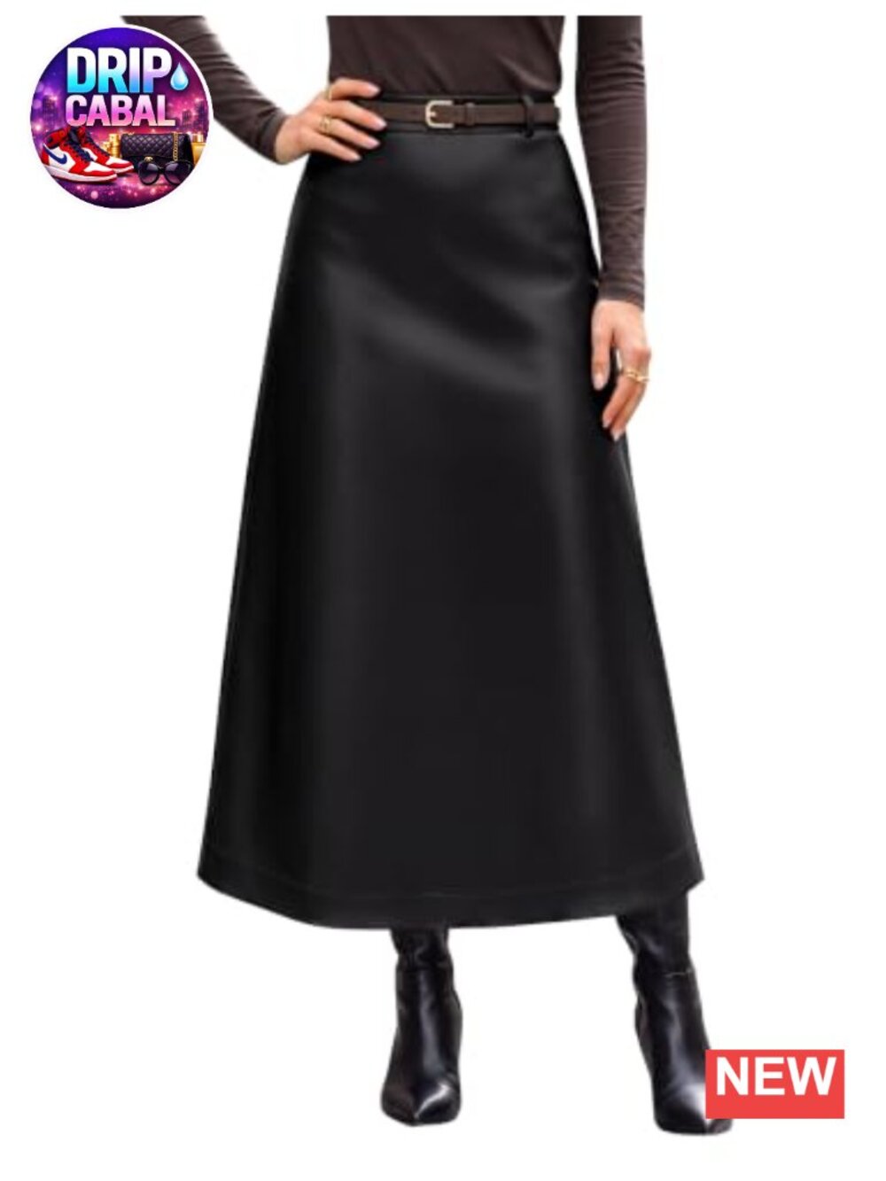 Womens Faux Leather A-Line Midi Skirt High Waisted Back Slit